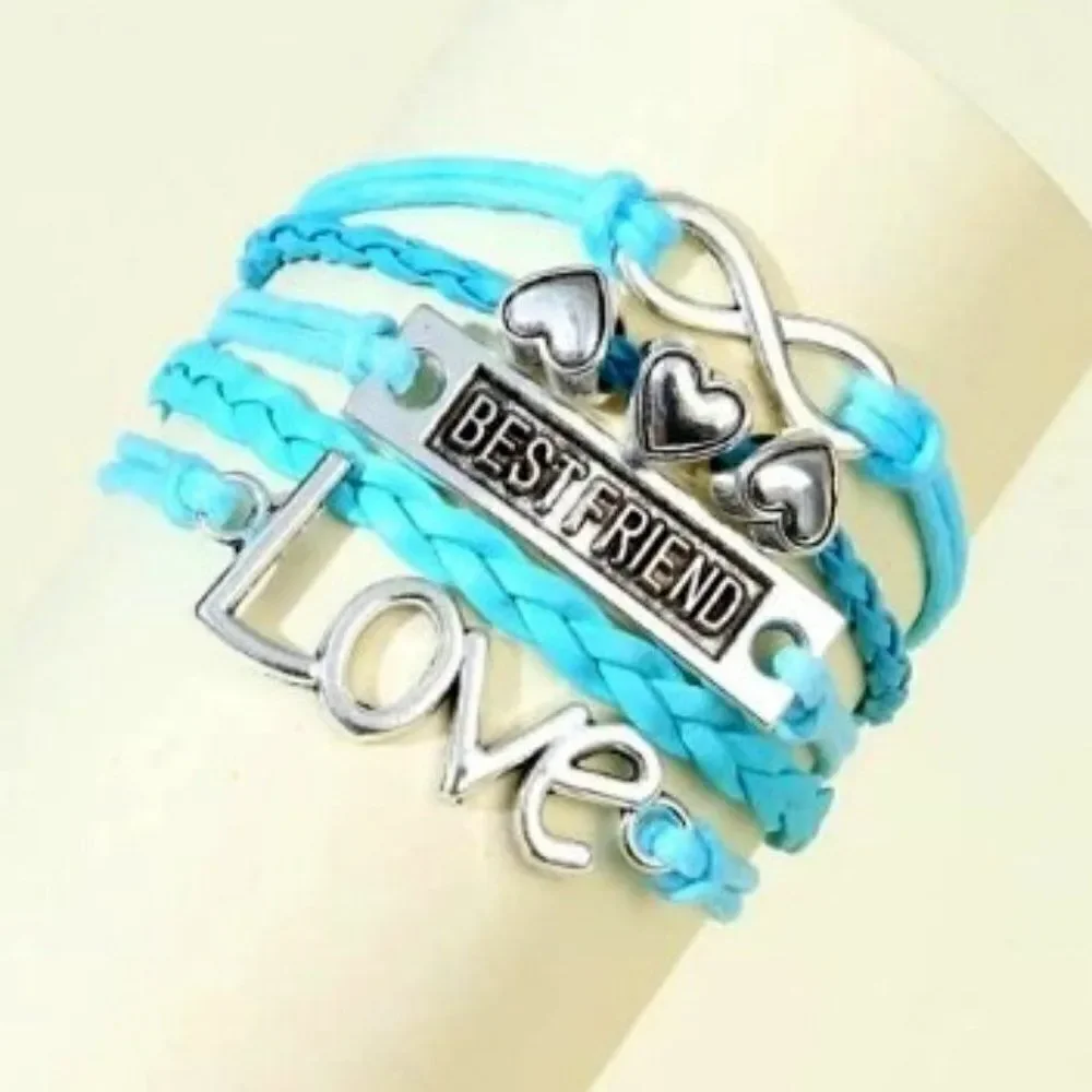 INFINITY LOVE HEART BEST FRIEND LEATHER LAYERED BRACELET IN BLUE AND SILVER